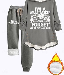 economico -Completo da donna 2 pezzi con felpa e pantaloni in pile maniche lunghe cappuccio stampa con scritta casual nero rosa scuro grigio autunno vestibilità regolare