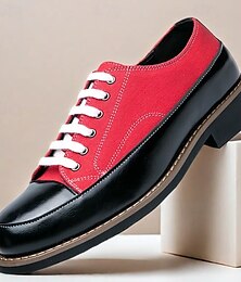 preiswerte -Oxford-Schuhe für Herren aus rotem Canvas und schwarzem Kunstleder – lässiges Schnürdesign mit Kontrastnähten für den Alltag
