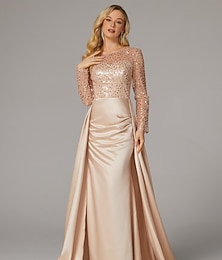 preiswerte -Meerjungfrau Abendkleid Elegantes Kleid Karneval Maskerade Bodenlang Langarm Illusionshals Brautmutterkleid Satin mit Perlen Overskirt