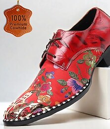 economico -scarpe oxford stringate rosse floreali da uomo – pelle bovina di prima qualità con puntale in metallo, design elegante per matrimoni, feste e occasioni speciali