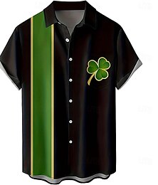 preiswerte -St. Patrick Herren Kleeblatt Clover Hemd Bowling-Shirt Knopfhemd Kurzarm Brautkleider schlicht St.Patrick's Day Geschenk Casual Frühling Herbst Umlegekragen Knopf hoch Schwarz