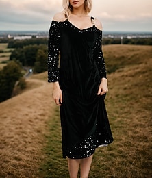 abordables -robe midi en velours à épaules dénudées et col en V