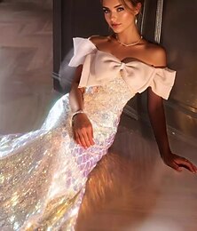 economico -Abiti da ballo A-Line abito elegante formale da matrimonio lungo fino al pavimento maniche corte spalle scoperte abito rosa con paillettes e fiocchi glitterati