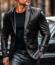 economico -giacca sportiva da uomo ufficio lavoro strada tasca moda casual primavera&amp;autunno poliestere finta pelle semplice tasca casual / quotidiano blazer monopetto nero