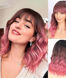 economico -parrucca con frangia per donna bob ondulato affascinante parrucche sintetiche con lunghezza naturale alle spalle capelli ricci resistenti al calore per uso quotidiano alle feste