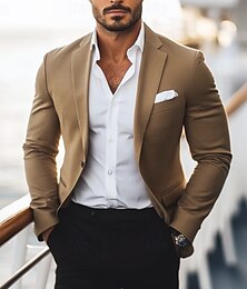 abordables -Chaqueta blazer para hombre, abrigo deportivo, marrón, caqui, moda diaria, para todas las estaciones, de poliéster, de color liso, con un solo botón y botonadura sencilla
