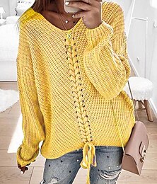 preiswerte -Damen Pullover Brautkleider schlicht Weich Einfarbig Gedrehtes V Ausschnitt Strick Langarm Normale Oberteile Stricken Outdoor Täglich Wochenende Gelb Blau Herbst Winter