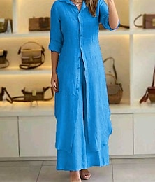 abordables -Femmes Mode Streetwear Quotidien Chemise Ensembles inspirés du lin Ensembles deux pièces Jupe manche longue Col de chemise Uni Patchwork Occasionnel Quotidien Rouge Bleu Ciel Kaki Automne Coupe