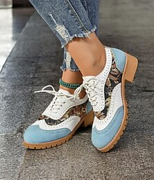 abordables -Zapatos oxford retro para mujer: estilo brogue con cordones, estampados florales y diseño de bloques de color para atuendos casuales
