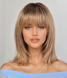 baratos -Perucas sintéticas Liso Com Franjas Peruca Curto Castanho Escuro Ombre Brown Loira Ombre Cabelo Sintético Mulheres Loiro Marrom