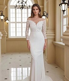 economico -Abiti da Sposa Abito Sirena  Tromba Collo Illusione Manica Lunga Lunghezza Terra Abiti da Sposa in Pizzo con Applicazioni