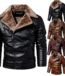 billiga -Herr Imitationsläderjacka Fleece-jacka Bikerjacka Motorcykeljacka Dagligen Semester Vindtät Håller värmen Ficka Höst vinter Slät Mode Klassisk Kavajslag Normal Svart Rubinrött Brun Kaffe Jacka