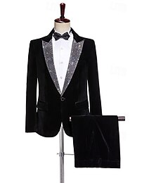 voordelige -Heren Fluwelen Party Avondkleding Stukken Zwarte Kerstmode Patchwork Standaard Pasvorm 2-delig Enkele Knoopf