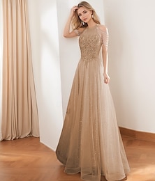 abordables -Robe de bal trapèze vintage, robe de soirée formelle, longueur au sol, sans manches, col haut, tulle avec pompon pailleté, 2025