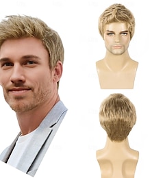 economico -parrucca da uomo corta liscia sintetica bionda parrucche per uomo ragazzo uso quotidiano anime costume halloween cosplay festa