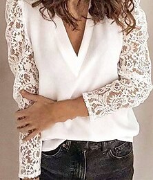 economico -Top in pizzo bianco elegante da donna camicetta di pizzo abbigliamento solidale e casual top regolari a maniche lunghe scollo a V patchwork in pizzo vestibilità regolare top romantici da indossare
