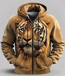 economico -Per uomo Tigre Felpe Felpa con cappuccio Felpa con cappuccio Con cappuccio Di tendenza Stampa 3D Da mare Per uscire Abbigliamento di strada Marrone Cerniera A cordoncino Autunno Inverno progettista