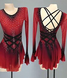 preiswerte -Eiskunstlaufkleid Damen Mädchen Eislaufen Kleid Rot Asymmetrischer Saum Netzstoff Hohe Elastizität Training Wettbewerb Eiskunstlaufkleidung Klassisch Kristall / Strass Langarm Eislaufen Eiskundstlauf
