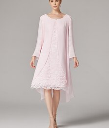 voordelige -tweedelige a-lijn jurk strandbruiloft pak moeder van de bruid jurk elegante plus size juweel hals thee lengte chiffon kant korte mouw jas jurken met effen kleur 2025