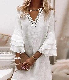 abordables -Femme Blanche Eté Printemps Normal Robe mi-longue Robe dentelle Robe en coton et lin Elégant Style doux Vacances Plage Standard Plein Col V