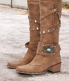 olcso -női western cowgirl csizma – vintage térdig érő szegecses csizma türkiz csattal és fűzős részletekkel, tökéletes rodeó és country stílushoz