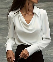 economico -Per donna Camicia Blusa Tinta unica Essenziale Informale Manica lunga Collo ad anello Top regolari Giornaliero Bianco Blu Marrone Primavera & Autunno