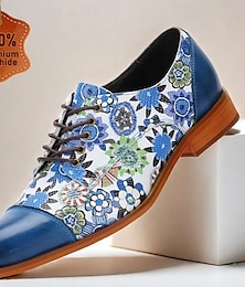 economico -scarpe oxford da uomo in pelle di mucca con stampa floreale – scarpe casual eleganti in stile vintage blu e bianco per matrimoni e occasioni formali