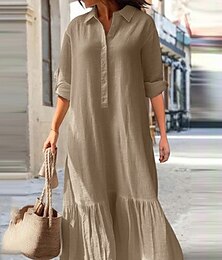 abordables -Femmes Rose Claire bleu marine Kaki Printemps Automne Robe maxi Robes inspirées du lin Robe en coton et lin Mode Occasionnel Quotidien Date Coupe régulière Col de chemise
