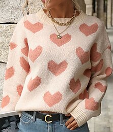 abordables -pull de Saint-Valentin pour femme décontracté doux coeur côtelé col rond tricoté manches longues hauts réguliers tricot extérieur quotidien week-end rose automne hiver