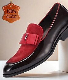 levne -prémiové pánské mokasíny z hovězí kůže s červeným semišovým akcentem a detailem mašle – luxusní společenské slip-on společenské boty