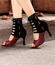 abordables -bottes de danse à talons hauts à lacets et bout ouvert pour femmes – motif floral rouge avec découpe noire pour le latin et la salsa