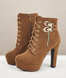 baratos -botins femininos de camurça marrom - design com cadarço e fivela dourada e detalhes de zíper, sapatos de salto alto plataforma para looks casuais e de festa estilosos