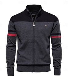 abordables -Hombre Chaqueta de Punto Cárdigan Estriado Tejer Tops regulares Cremallera Bloque de color Cuello Mao Prendas de punto Neutral Exterior Ropa Primavera & Otoño Negro Azul Piscina S M L