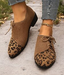 economico -scarpe oxford in finta pelle scamosciata marrone con stampa leopardata - eleganti ballerine con lacci per donna, perfette per look casual e vintage