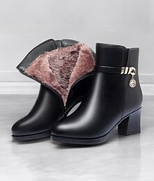 abordables -Botines negros para mujer: piel sintética con forro de felpa, cremallera lateral y tacones de bloque para moda invernal y ropa informal.