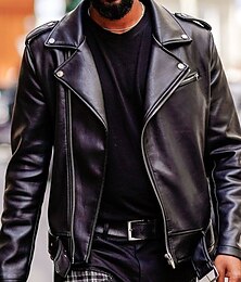 economico -Per uomo Giacca di pelle sintetica Antivento Giacca da moto Casual / quotidiano Antivento Collage Tasche Inverno Primavera & Autunno Tinta unica Vintage Di tendenza Colletto Standard Nero Giacca