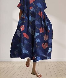 abordables -Femmes Robe maxi Robes inspirées du lin Robe Décontractée Robe évasée Occasionnel Quotidien Coupe régulière Fleuri manche longue Col ras du cou bleu marine Bleu Vert Printemps Automne