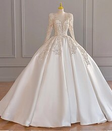economico -Abiti da Sposa Abito Ball Gown Spalle Scoperte Maniche Corte Coda di Corte in Raso Abiti Sposa con Arricciature Colore Solido