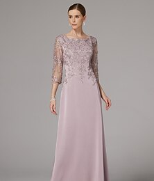 economico -Abito Tubino Matrimonio in Spiaggia Madre della Sposa Elegante Scollo a Barchetta Lunghezza Piena Raso Maniche 3/4 con Applicazioni in Pizzo