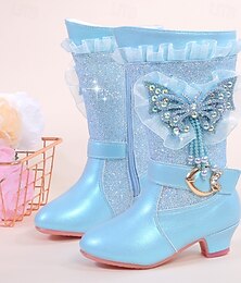 economico -stivali invernali glitterati da bambina con fodera in pelliccia sintetica - design blu a metà polpaccio con decoro a farfalla in strass e chiusura laterale con cerniera