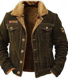 economico -giacca in pile ricamata da uomo giacca cargo colletto rovesciato manica lunga giacca tattica militare vintage termica calda invernale capispalla tasche multiple bottoni davanti cappotto in cotone nero