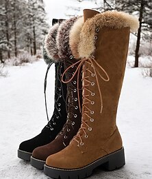 abordables -Botas altas hasta la rodilla con cordones de ante sintético para mujer y puños de piel sintética: elegante calzado de invierno con suela gruesa