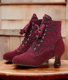 preiswerte -Burgunderfarbene viktorianische Schnürstiefeletten für Damen mit floralem Spitzendesign und mittelhohem Absatz – eleganter Retro-Stil für formelle und legere Anlässe