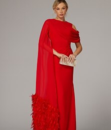 preiswerte -Etui-Abendkleid, elegantes Kleid, formelle Herbst-Schleppe, ärmellos, bodenlang, Wasserfallausschnitt, Chiffon mit Federn, gerüschtem Schlitz, 2025