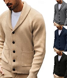 abordables -Hombre Cárdigan Cable Tejer Regular Tejido en Punto Color sólido/liso Redonda Año Nuevo eventos Ropa Invierno Otoño Negro Azul Piscina S M L