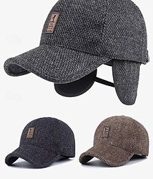 abordables -Gorra de béisbol de lana de invierno para hombre con orejeras: gorra cálida y elegante con patrón de espiga, disponible en gris, gris oscuro y marrón, perfecta para actividades al aire libre en climas fríos