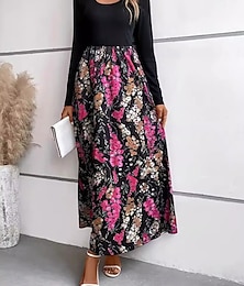 economico -abito lungo da donna con scollo rotondo floreale e maniche lunghe primavera autunno
