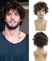economico -parrucca riccia da uomo parrucca corta a strati castani parrucca sintetica per cosplay di Halloween