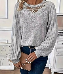 economico -Per donna Camicia Blusa Tinta unica Essenziale Informale Manica lunga Girocollo Top regolari Giornaliero Pizzo Collage Grigio Autunno Inverno
