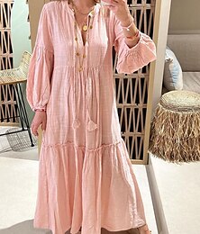 economico -Per donna Abito maxi Abiti ispirati al lino Vestito Casual Vestito a ruota Abito Semplice Casual Sport & Outdoor Streetwear Vestibilità regolare Semplice Manica Lunga Scollo a V Rosa Primavera Autunno